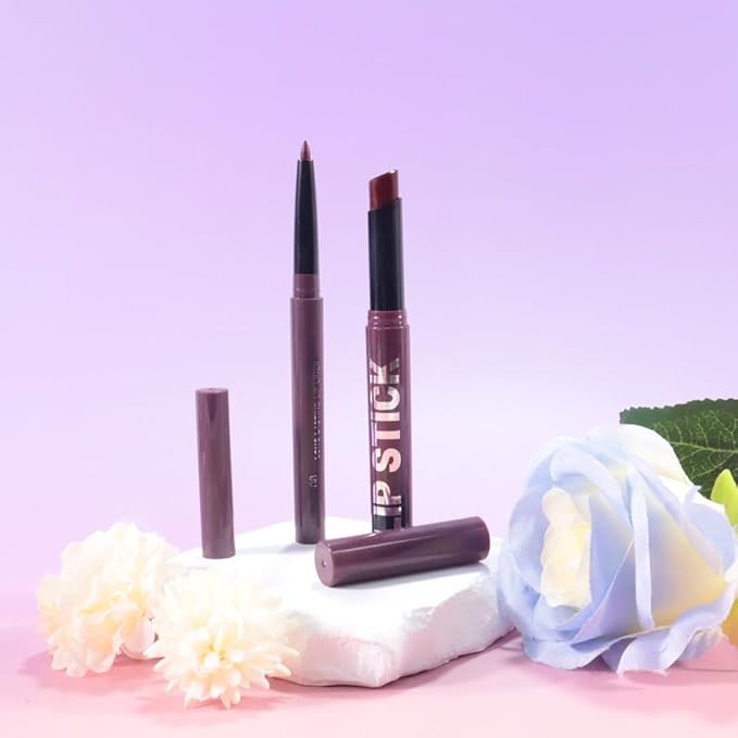2Pcs 2 in 1 Matte Dark Purple Lip Liner and Lipstick Combo Set for Women,Lipstick Stain Lip Liner for Daily & Party Long Lasting Waterproof Smudge Proof 24 Hour Full Coverage Vegan Lip Makeup Kit