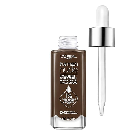 L'Oreal Paris True Match Nude Hyaluronic Tinted Serum Foundation with 1% Hyaluronic acid, Very Deep 10-12, 1 fl. oz.