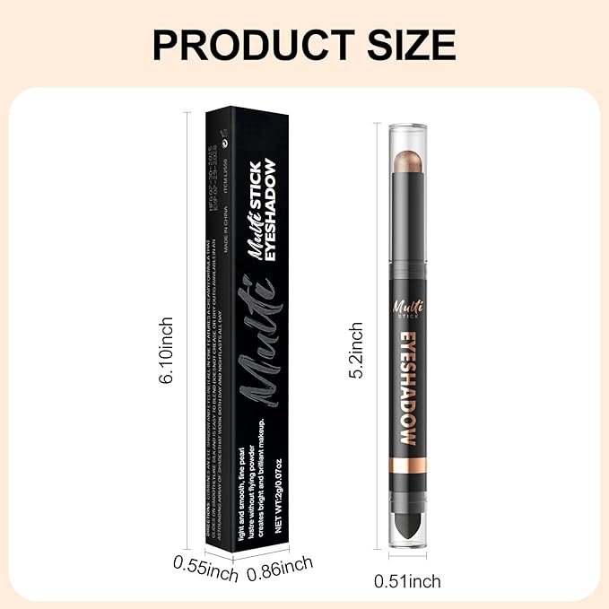 Dual-Ended Cream Eyeshadow Stick, Shimmer Waterproof Long-Lasting Crease-Proof Glitter Eye shadow Pencil for Women, Smooth Blendable Eye Shadow Crayon with Built-in Smudger, 10 Golden Pearl