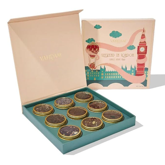 VAHDAM Weekend in London Tea Gift Set – Travel Edition Gift Box | 9 Varieties of Chai & Black Tea | Gluten-Free, Non-GMO | Gift for Women & Men