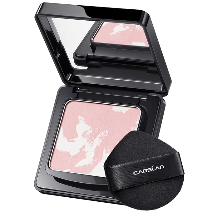 CARSLAN Waterproof Face Pressed Powder Compact, 24H Longlasting Oil Control Pressed Setting Powder Talc-Free Makeup, Shine Free, Poreless, Smooth, 04 Pink for dry&com skin (0.28Oz)