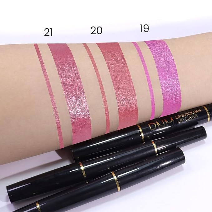 evpct 1Pcs Pink Metallic Shine Shimmer Lip Liner and Lipstick Combo Set Kit for Women, Lightweight Hydrating Formula High Impact Full Coverage Lipstick and Lip Liner Makeup Stains Gloss, 19#