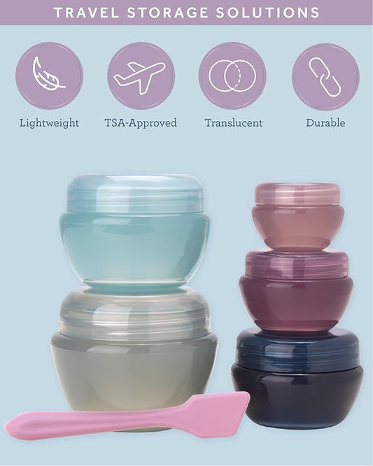 Bliss Travel Containers - 5 Pack Leak Proof Tapered Jar Set with Lid and Spatula - Small Travel Containers for Creams, Lotions, Vitamins, and Small Jewelry, Multi