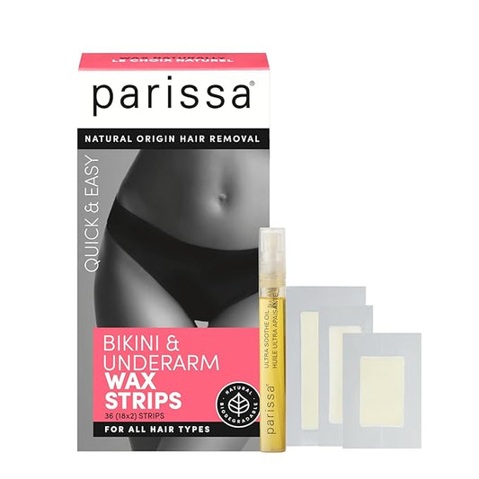 Parissa Bikini Wax Strips Kit | Ready-to-Use Hair Removal for Bikini, Brazilian & Underarm | Natural, Sensitive Skin Formula with Post-Wax Ultra Soothe Oil | 36 Strips (18 x 2), 3 Sizes