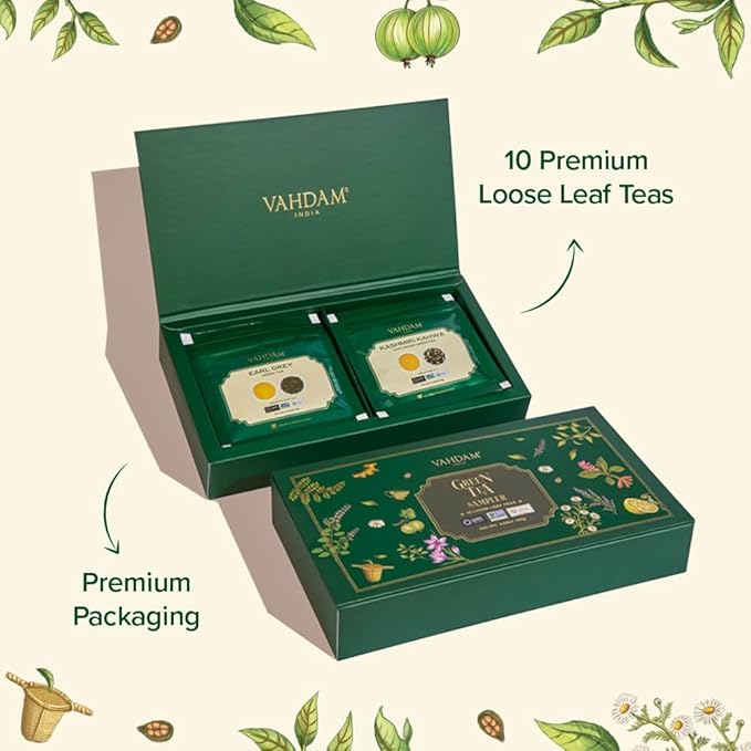 VAHDAM, Assorted Green Tea Loose Leaf Tea Gift Set (10 Flavors) Gift Ideas for Women & Men | Exotic Himalayan Green Tea Blends | Resealable Ziplock Pouch | Gifts for Him/Her