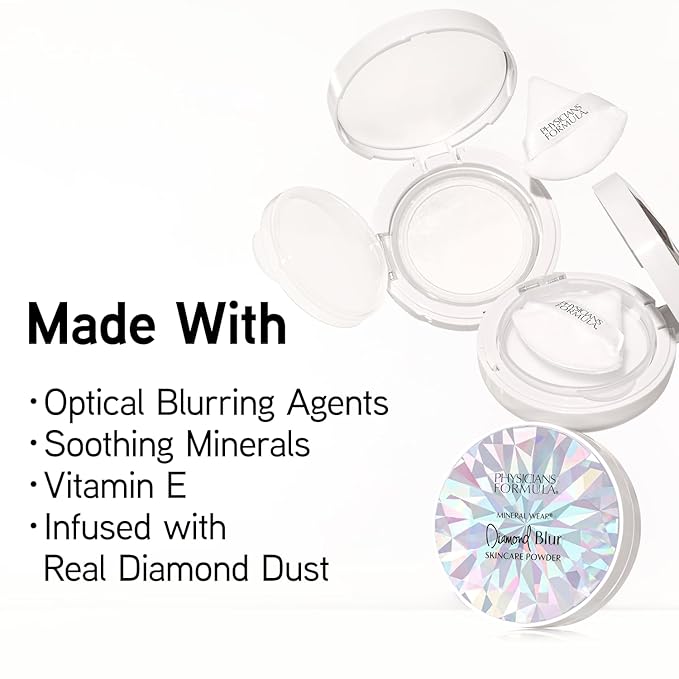 Physicians Formula Mineral Wear®Diamond Blur Skincare Cushion Powder, Blurring & Pore Diffusing Long Lasting Matte Finish Face Powder, Talc-Free- Translucent