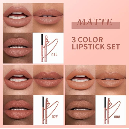 Matte Lip Liner Pencil Set 3 Pack, Long-Lasting Waterproof Lip Liners, Smudge-Proof and High Pigment Lip Liner Kit, Smooth Application for Defining & Shaping Lips, Non-Fading Matte Finish-1#