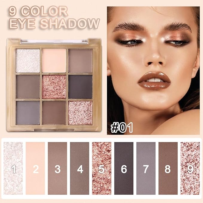 9 Colors Eye Shadow Palettes Makeup,Rose Gold Nude Brown Grey Smoky Eyeshadow Palette for Older Women,Natural Powde Eye Shadows Waterproof Long Lasting Naturing-Looking,Travel Size Makeup Pallete