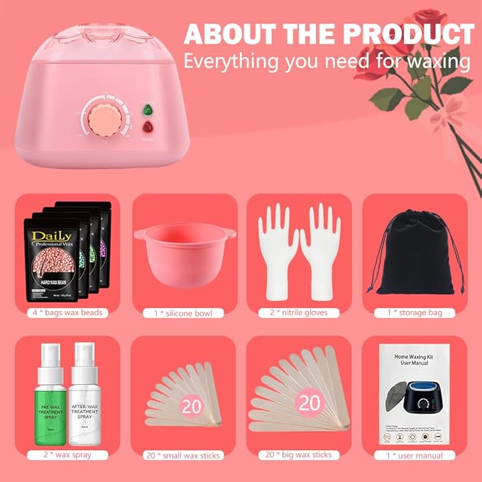 Wax Warmer Kit for Hair Removal - Hard Wax Kit for Sensitive Skin with Silicone Liner, 4 Bags Wax Beans - For Women Men, Face, Bikini, Brazilian, Body, Legs, Home Salon. (PINK)