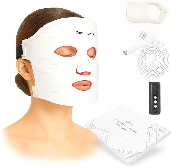Red Light Therapy Mask for Face LED Face Mask Light Therapy with LEDs,4 Wavelengths (Red, Blue, Orange, Infrared), Rechargeable Remote, Anti-Aging Skin Care, Face Light Therapy Device