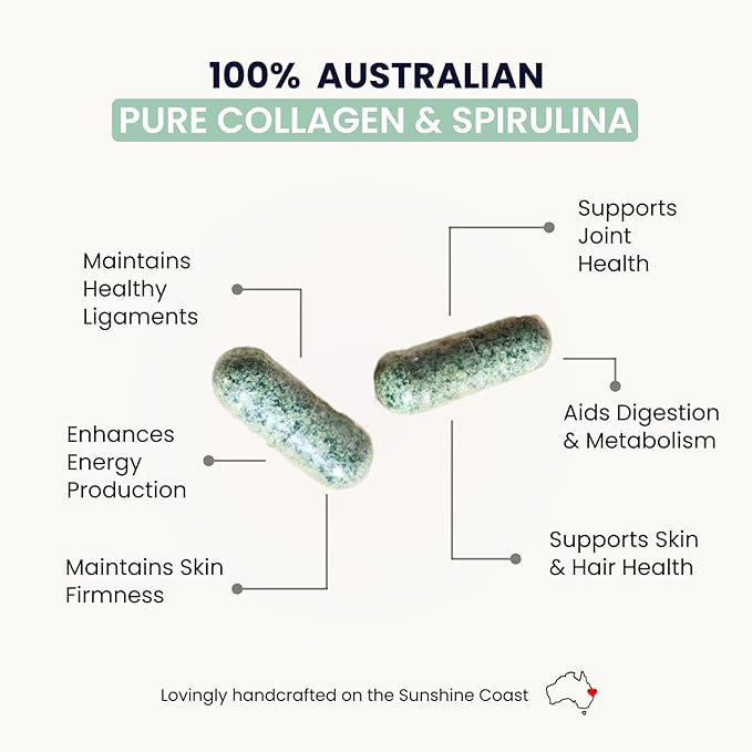 Organic Collagen Australia Pure Collagen & Spirulina Capsules – Antioxidant-Rich Supplement for Skin Elasticity, Joint Health, Metabolism Support & Energy (120 Capsules)