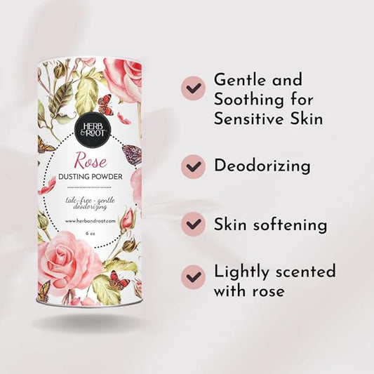 Herb & Root Rose Scented Talc-Free Dusting Powder for Women: Anti-Chafing Body Powder with Arrowroot and Oats, 6 oz
