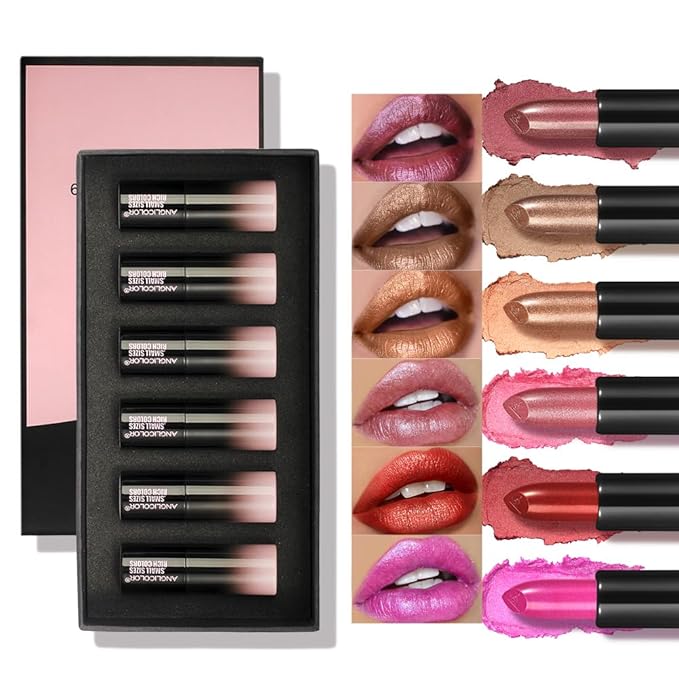 6PC Mini Glitter Lipstick Set,High Pigmented,Lightweight Smooth Moisturizing Formula,Glossy Shine,Travel Size,Metallic Shimmer Lipstick Gift Sets For Women Girls Makeup kit