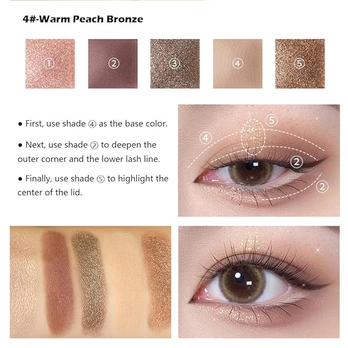 Warm Brown Nude Eyeshadow Palette 5 Colors Peach Pink Shimmer and Matte Brown Highly Pigmented Long Lasting Blendable Bronze Neutral Eyeshadow for Natural Daily Makeup, 4#
