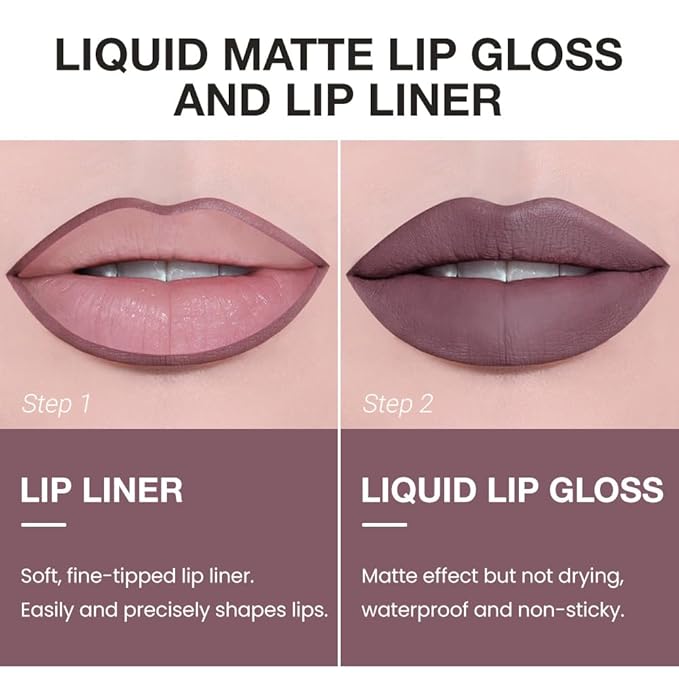 AMY'S DIARY 2pcs Matte Dark Red Lip Liner & Lipstick&Shiny Clear Lip Oil Makeup Set, Liquid Lipstick 24H and Lip Liner Set Matt Liquid Lips Make Up Waterproof Long Lasting (01#, 2 Pcs Set)