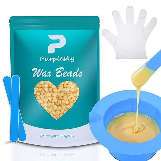 PURPESKY Wax Beads Bulk, 3lbs Hard Waxing Beans for Hair Removal, Brazilian Coarse Wax for Face, Leg, Bikini, Home Waxing Kit with Collapsible Bowl/Pot & Collapsible Bowl (Cream)