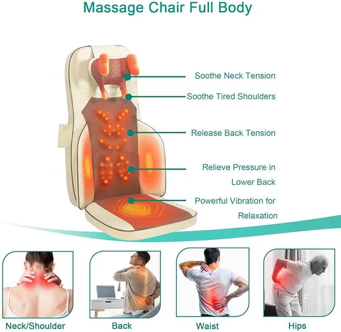Shiatsu Neck Back Massager Chair Pad w/Heat - Full-Back Kneading, Rolling - Adjustable Neck Height & Intensity - Relieve Fatigue and Relax Muscle Tissue