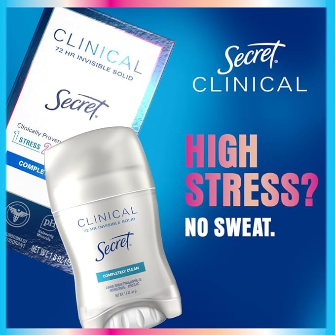 Secret Clinical Strength Antiperspirant Deodorant for Women, 3X Stress Protection, 72hr Sweat & Odor Protection, PH Balancing Minerals, Invisible Solid, Completely Clean Scent, 1.6 oz