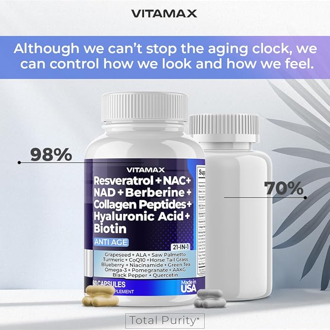 Resveratrol NAD+ Berberine Hyaluronic Acid - Biotin Grape & Blueberry + NAC - Collagen Peptides - Hair, Nail, Skin & Joint Supplement - 21-in-1 Women and Men - Made in USA - 120 Count
