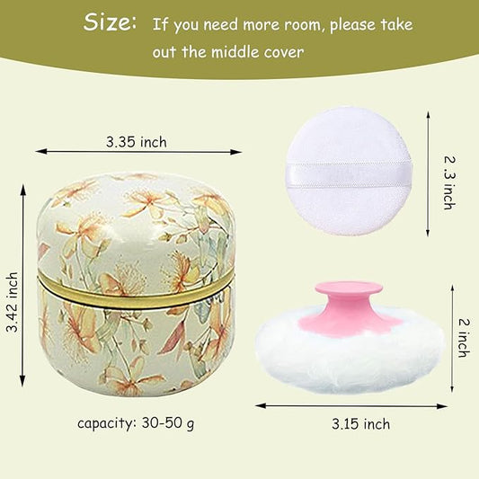 Body Powder Puff and Container for Dusting Powder, Women Powder Puff and Powder Case for Bath and Travel (Yellow Flower)