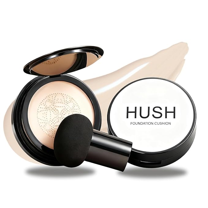 Hush Foundation for Mature Skin – Warm Tone CC Cream Air Cushion, Full Coverage Long-Lasting BB Cream Foundation with Mushroom Head Applicator, Natural Radiant Finish for Light to Medium Complexions