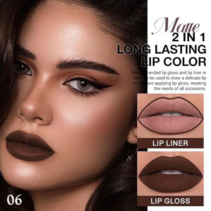 evpct 1Pcs Dark Deep Brown Chocolate Matte Lip Liner and Liquid Lipstick Stain Makeup Set for women, Long Lasting Smudge Proof Lipstick labiales matte mate larga duracion listip 24 hours originales,06