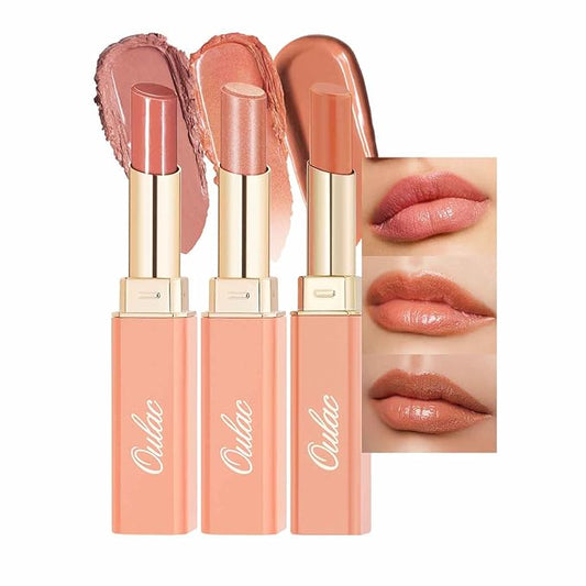 Oulac Moisturizing Shine Peach Pink Lipstick For Women 3PCS, 2 in 1 Tinted Lip Balm, Hydrated Juicy and Glossy Lip Color for Dry, Cracked and Chapped Lips, Vegan [05+S05+13]