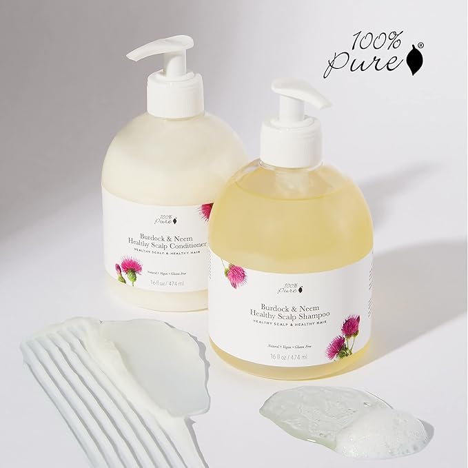 100% PURE Burdock & Neem Healthy Scalp Clarifying Shampoo Moisturizing Detox with Rose Hydrosol Replenishing Cleanser for Dry, Itchy, Flaky Scalp for Women & Men - 16 Fl Oz