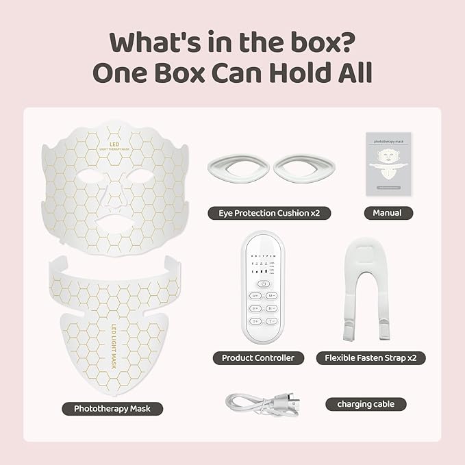 Yahi Red Light Photon Facial & Neck Mask with Remote Control, 7 Custom Modes with Infrared, Portable & Rechargeable with Timer for Home Use, 175 High-Density Light Beads, White