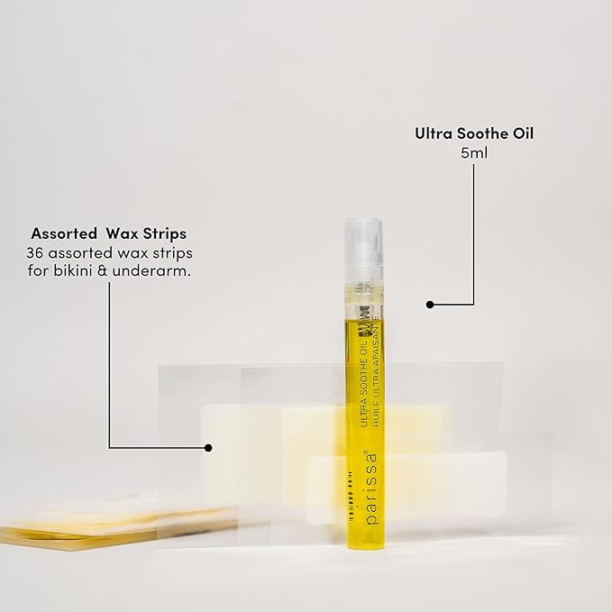 Parissa Bikini Wax Strips Kit | Ready-to-Use Hair Removal for Bikini, Brazilian & Underarm | Natural, Sensitive Skin Formula with Post-Wax Ultra Soothe Oil | 36 Strips (18 x 2), 3 Sizes