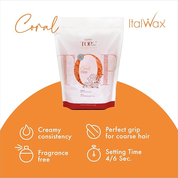 Italwax Top Line Coral Hard Wax 1lb (450g) – Creamy Intense Orange Texture with Strong Grip, Ideal for Bikini & Coarse Hair, Smooth Application for Sensitive Skin – Made in Italy