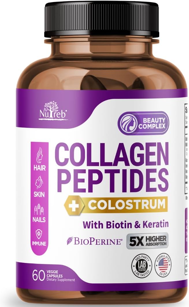 Collagen Peptides for Women with Colostrum, Biotin and Keratin - Type I, II, III, V, X - 5X Higher Absorption - Hair Skin and Nails Vitamins - Collagen for Women - Collagen Pills - 60 Capsules