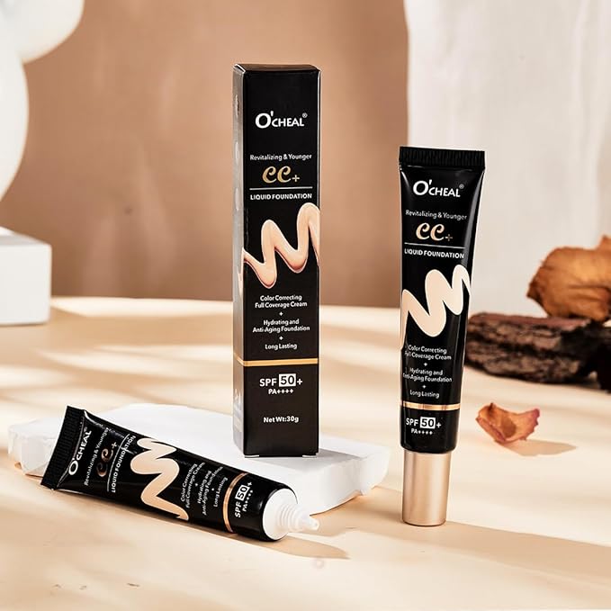 O'CHEAL CC Cream with SPF 50+, Hydrating Color Correcting Cream Full Coverage Lightweight Powder Foundation, Waterproof Long Lasting Pre-makeup Primer Facial Concealer Refine Skin Texture (Ivory)