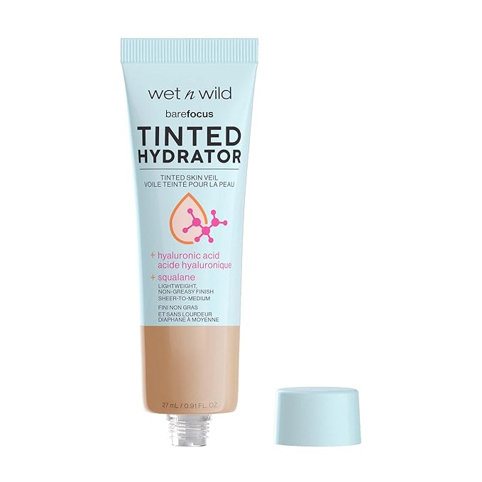 wet n wild Bare Focus Tinted Hydrator Tinted Skin Veil, Lightweight Buildable Coverage with Hyaluronic Acid & Vegan Squalane, Semi-Matte Finish, Cruelty-Free - Medium Tan
