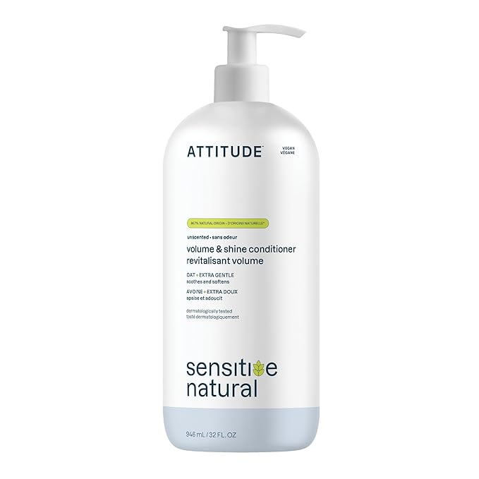 ATTITUDE Hair Conditioner for Sensitive Dry Scalp, Soothing Oat, Naturally Derived Ingredients, Dermatologically Tested, Vegan Detangler, Extra Gentle, Unscented, 32 Fl Oz