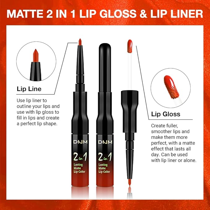 1Pcs 2 in 1 Orange Red Matte Lip Liner and Liquid Lipstick Stain Makeup Set for women, Orange Red Long Lasting Smudge Proof Lip Tint Matte Finish Lip Gloss for All-Day Color Hold Easy to Use 54#