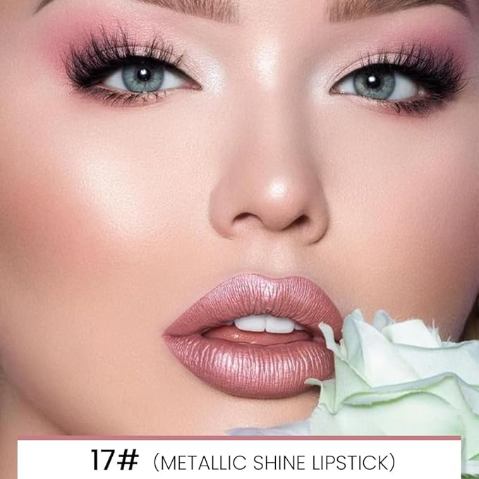 Kaely 2-in-1 Rose Nude Pink Metallic Shine Shimmer Lip Liner & Lipstick Combo Set Kit for Women, Lightweight Hydrating Formula High Impact Full Coverage Lipstick and Lip Liner Makeup Gloss 17