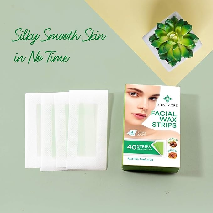 ShineMore Facial Wax Strips for Hair Removal - Hypoallergenic for All Skin Types - Gentle and Fast-Working for Face, Eyebrow, Upper Lip, and Chin (40 Strips + 4 Calming Oil Wipes NATURE Ingredients)