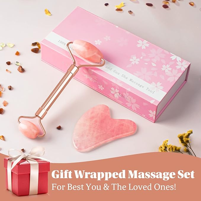 Jade Roller & GuaSha Set-Facial Beauty Roller Skin Care Tools, Rose Quartz Massager for Face, Eyes, Neck, Body to Relieve Wrinkles,Fine Line and Eyepuffiness