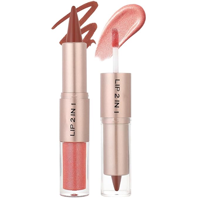 2 in 1 Dual-Ended Lip Combo Sets, Velvet Matte Brown Lip Liner Gloss Kit, Nude Lipstick, Long Lasting High Pigmented Makeup
