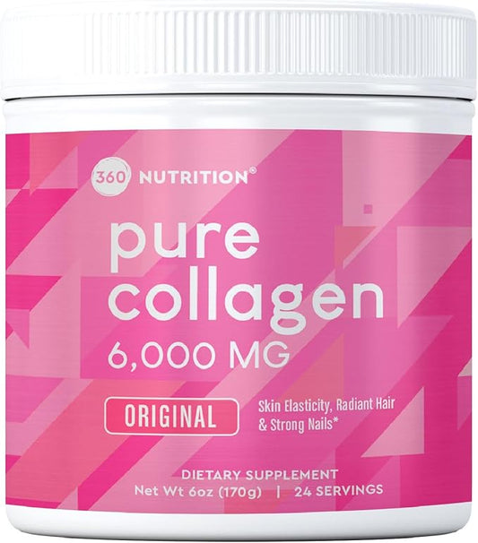 360 Nutrition Collagen Powder for Hair, Skin, Nail, Bone, and Joint Health, Collagen Peptides for Women and Men, Dairy Free, No Added Sugar, Non GMO, Dissolves Easily, Unflavored, 6 Oz, 24 Servings