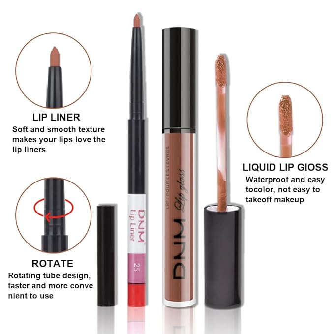 2pcs Rose-Beige Lip Liner and Lipstick Makeup Set, Nude Matt Liquid Brown Lipstick 24H Waterproof Long Lasting Matt Lip Kit (#25)