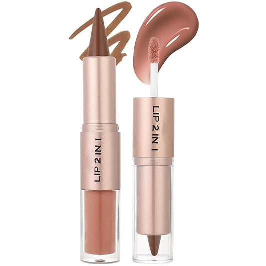 2 in 1 Dual-Ended Lip Combo Sets, Velvet Matte Brown Lip Liner Gloss Kit, Nude Lipstick, Long Lasting High Pigmented Makeup