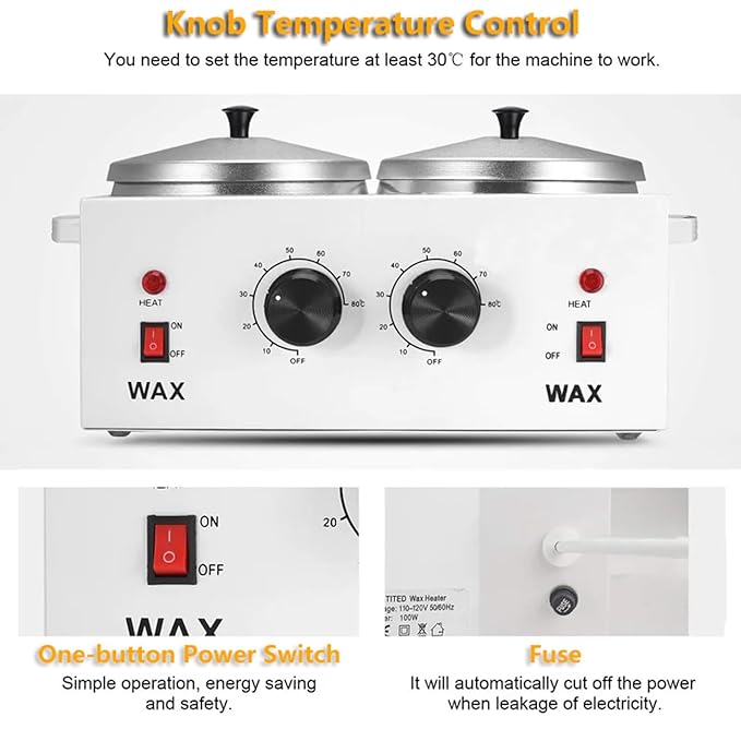 Wax Warmer Double Pot, Professional Electric Heater for Facial, Body, Spa, and Salon, 1.2L Dual Adjustable Temperature with 100 Wooden Craft Sticks, Hair Removal