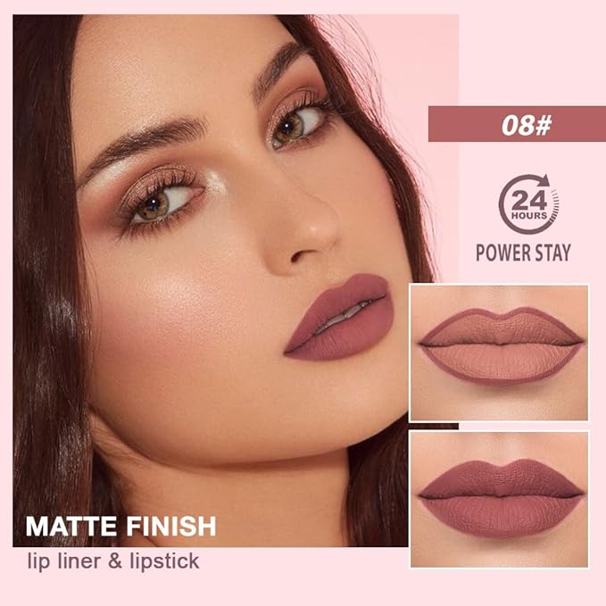 2 in 1 Matte Lipstick Lip Liner Pencil Set,Red Brown Waterproof Lip Stick Lip liner Combo for Old Women Long Lasting Lipstick,labiales mate 24 horas originales