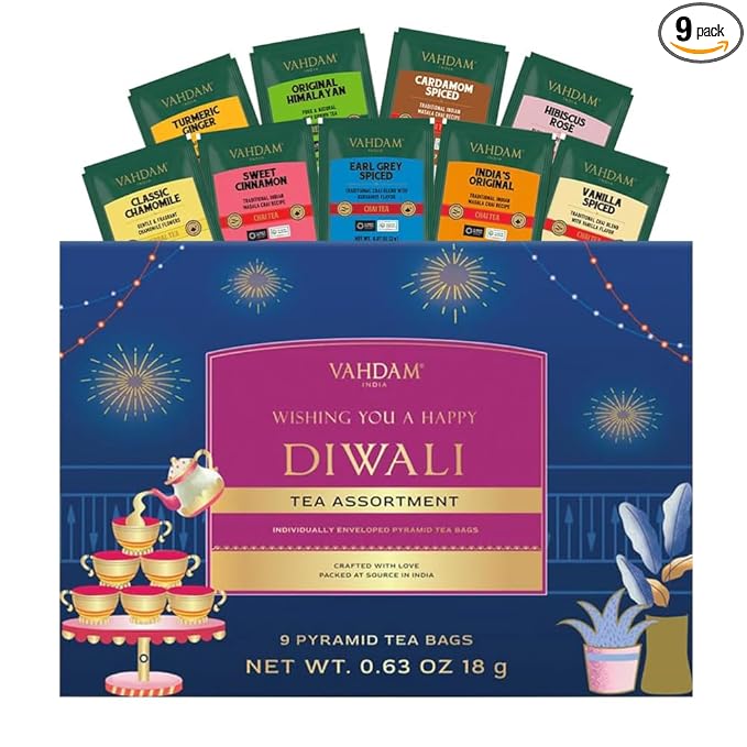 VAHDAM, Limited Edition - Happy Diwali Gift Basket | 9 Delicious Variety Pyramid Tea Bags | Perfect Diwali Gifts for Friends and Family I Perfect Diwali Offering for Guests