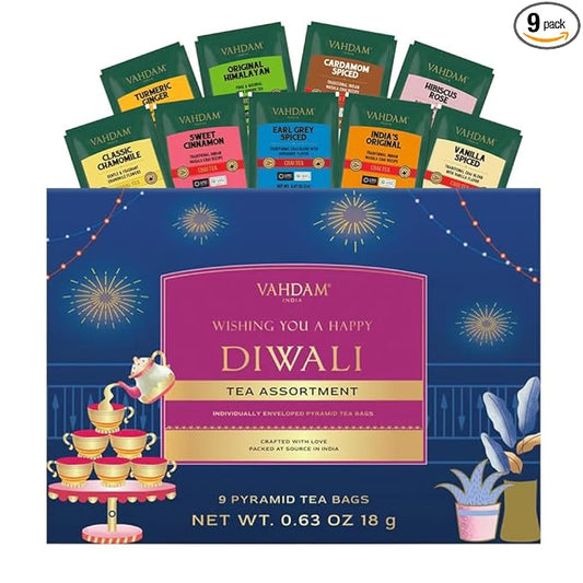 VAHDAM, Limited Edition - Happy Diwali Gift Basket | 9 Delicious Variety Pyramid Tea Bags | Perfect Diwali Gifts for Friends and Family I Perfect Diwali Offering for Guests