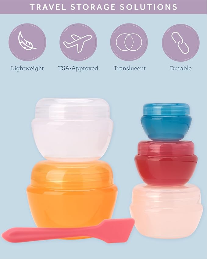 Bliss Travel Containers - 5 Pack Leak Proof Tapered Jar Set with Lid and Spatula - Small Travel Containers for Creams, Lotions, Vitamins, and Small Jewelry, Amalfi Vibes
