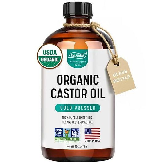 SYLVANA Organic Castor Oil (16oz Glass Bottle), USDA Certified Organic, Cold Pressed, Vegan, Hexane Free - 100% Pure Castor Oil for Nourishing Skin, Hair Growth, Lashes & Eyebrows