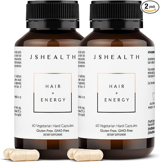 JSHealth Vitamins Hair + Energy Formula | Hair Vitamins for Women and Men with Iodine and Zinc | Supports Hair Strength, Energy Levels, and Healthy Hair Maintenance (60 Capsules Pack of 2)